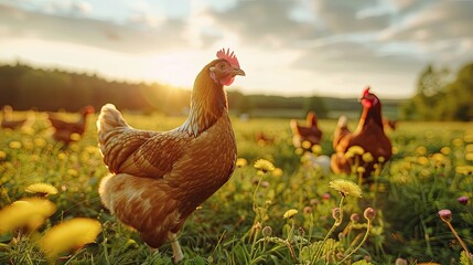 Fototapeta premium Free-range chickens roam a sunlit field filled with wildflowers, highlighting organic farming, natural living, and ethical poultry practices. 