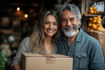 Portrait of happy mature couple with cardboard box on grey background. Delivery concept