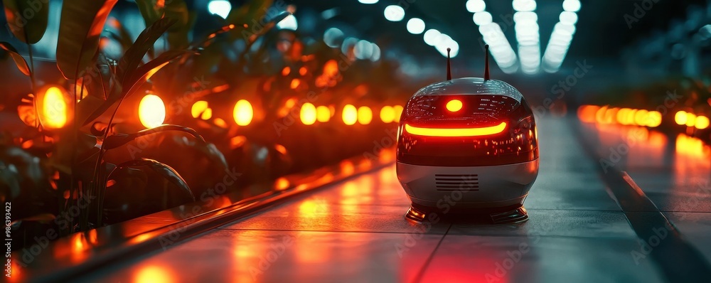 Poster automated robot in a futuristic environment with glowing plants and lights.