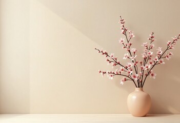 Blossom branch in clay vase near beige stucco wall background. Interior design of modern living room with copy space for text