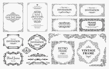 Design elements set, decorative flourish border corner and frame collection for invitation, menu and page decoration