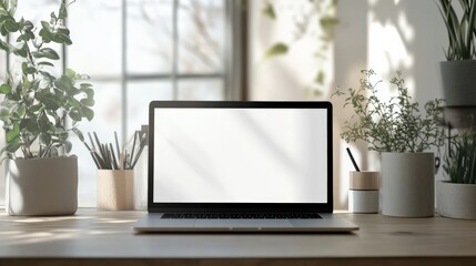 Home Office with Green Plants and Laptop