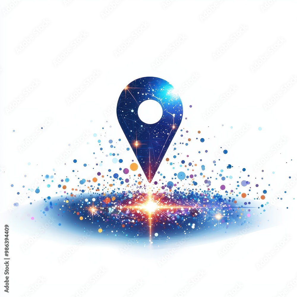 Poster dynamic location marker with vibrant particles on white isolated background.