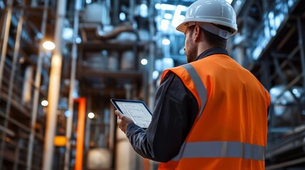 Worker Using Digital Tablet in Modern Industrial Facility