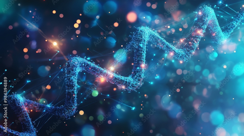 Poster abstract dna double helix structure with glowing lights and bokeh effect