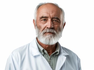 Obraz premium A man with a white lab coat and a beard is smiling