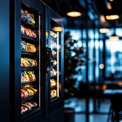 Modern vending machine filled with snacks in a bright, contemporary setting.