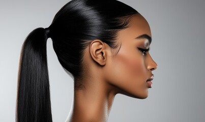 A woman with long black hair and makeup.