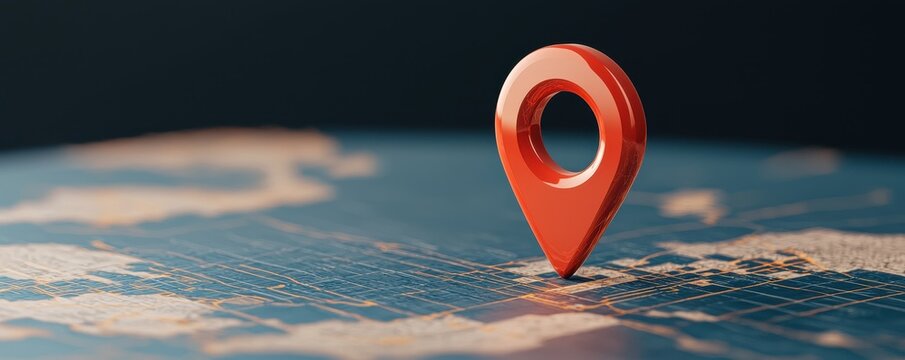 Red location pin on a digital map against a dark background. - Powered by Adobe