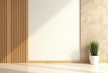 Interior background of room with wooden paneling and beige stucco wall with copy space, pot with grass