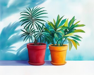 Fototapeta premium Two vibrant potted plants with colorful pots against a soft blue background.