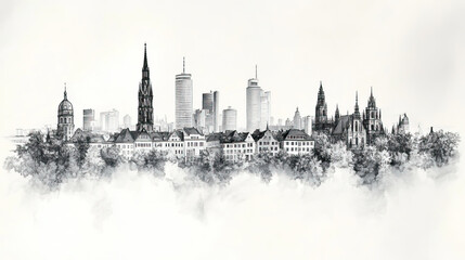 Fototapeta premium Remscheid, Germany, black and white pen pencil hand-drawn effect drawing illustration for travel poster, card, wallpaper, backdrop or banner. Modern, clear, artistic and simple