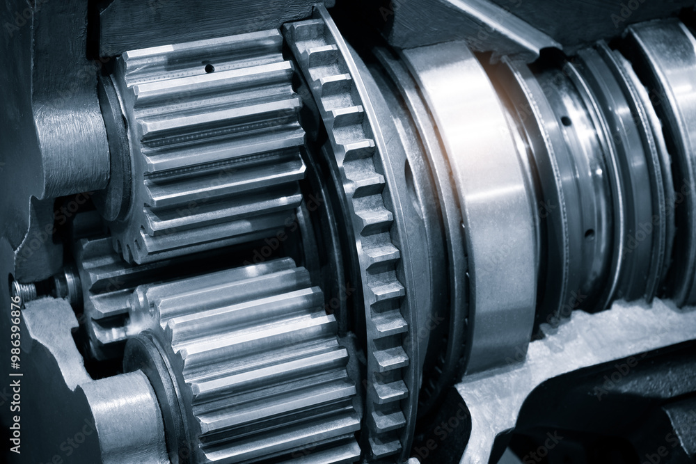 Poster  gear with a blue and white tone. gears are in a machine and the image has a mood of mystery and intrigue