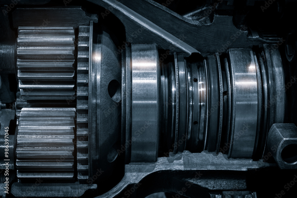 Poster  gear with a blue and white tone. gears are in a machine and the image has a mood of mystery and intrigue