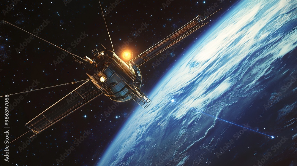 Poster a satellite orbits earth, capturing stunning views of the planet while showcasing advanced technolog