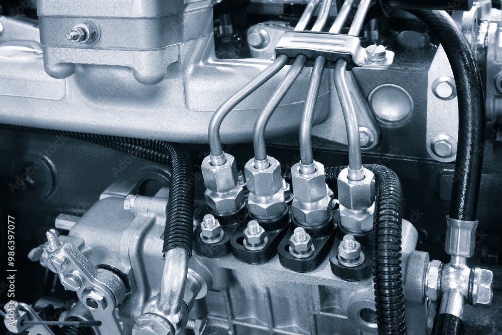 Poster engine details background close up. diesel engine in blue tone. fragment of a diesel motor close-up.