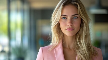 Fototapeta premium business professional woman in a pink blazer standing confidently in a modern office background, highlighting career elegance, corporate leadership, and professional style