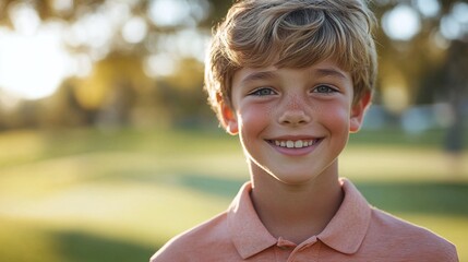 caucasian boy in a golf training lesson, beaming at the camera on the course, capturing the essence of fun and learning in a youth sports environment