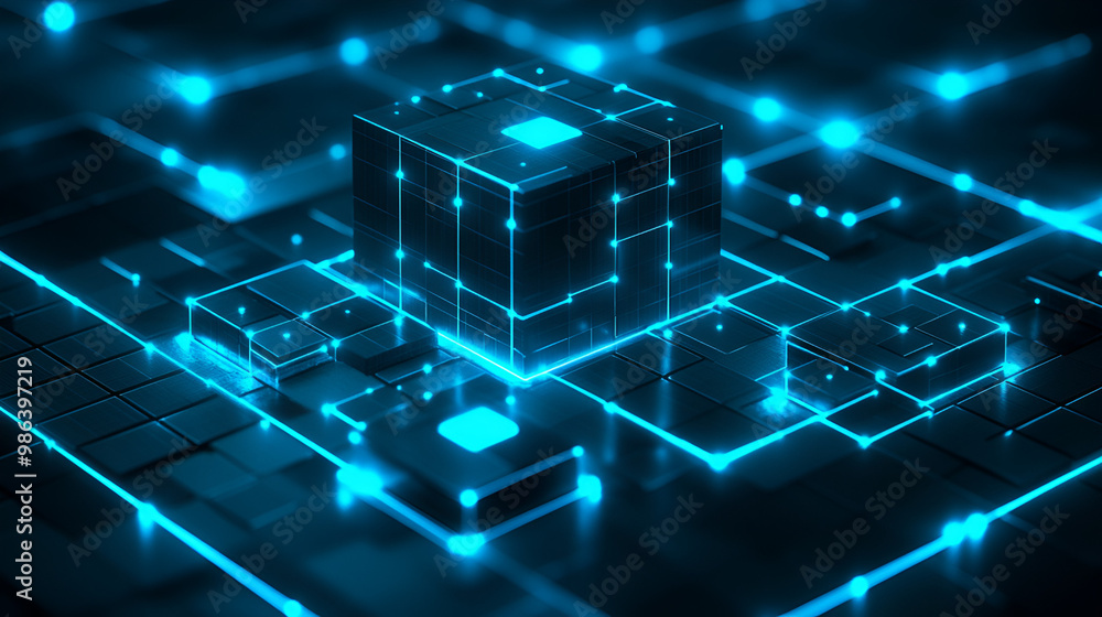 Aufkleber a glowing, futuristic cube structure on a digital grid illuminated by vibrant blue lights in a dark 