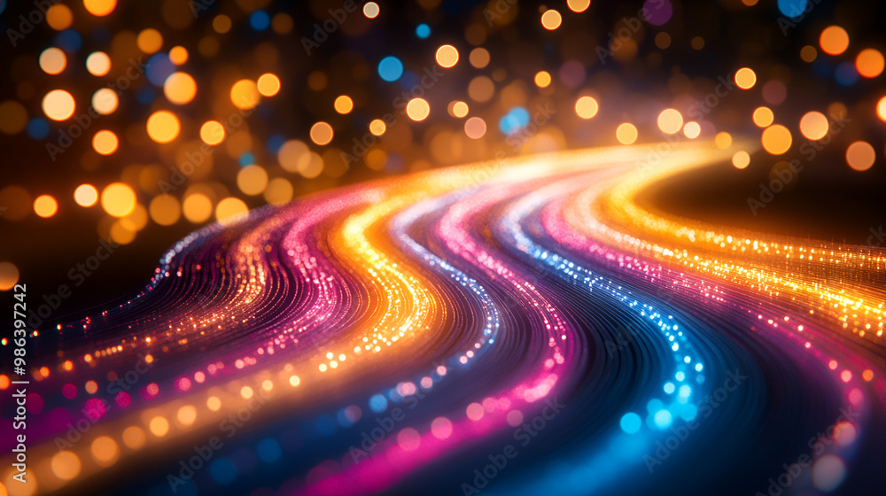 Poster Colorful light trails weave through the dark landscape, creating a vibrant path with glowing orbs in the background