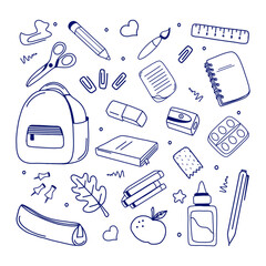 Set school supplies or stationery. Items for education. Cute vector illustration doodle.  Back to school concept.