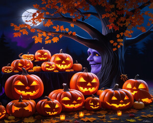 halloween background with pumpkin and tree