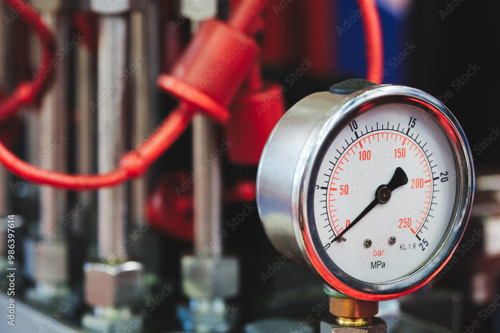 Poster a white pressure gauge with a red label on it. the gauge is set at 200. the gauge is surrounded by r