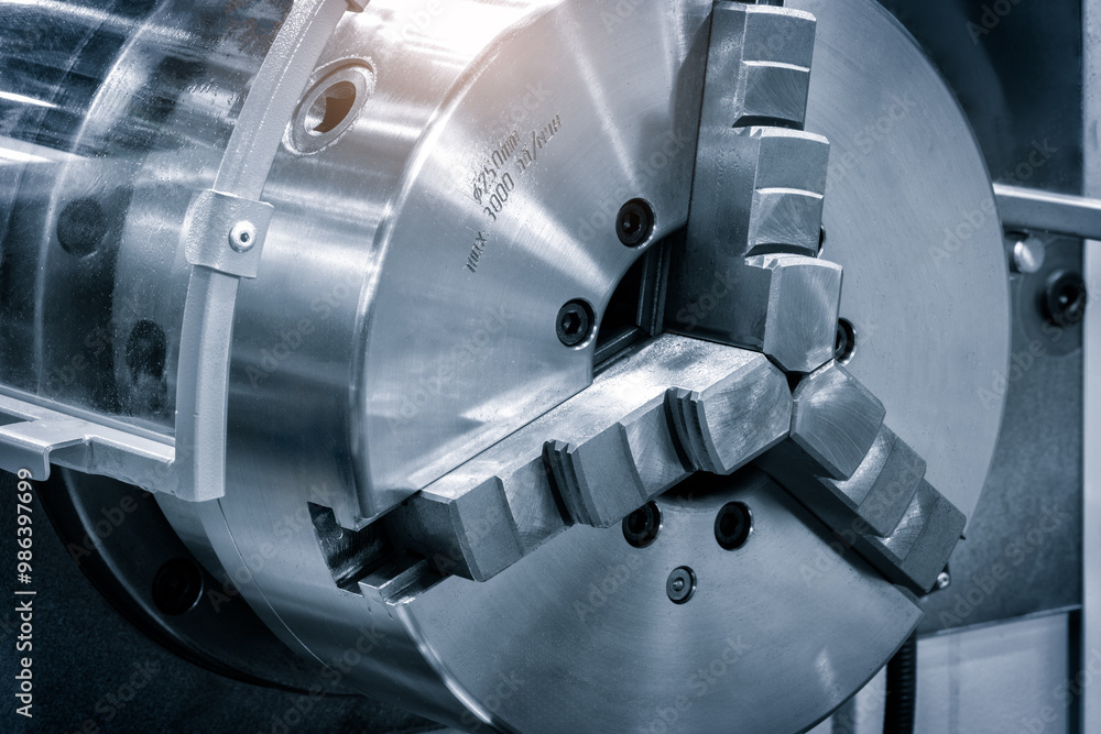 Poster metal machine tools industry. cnc turning machine high-speed cutting is operation.