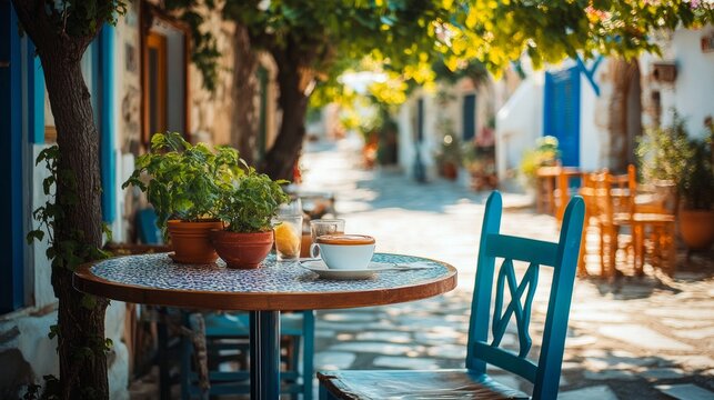 Fototapeta A street in a typical Greek traditional town in Greece has an outside cafe. Coffee and lunch food on the table