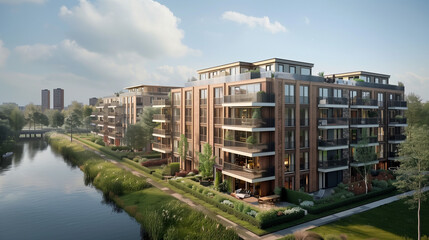 the project of a modern 5-storey apartment building on the water canal in an urban environment