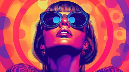 A vibrant, stylized portrait of a woman with sunglasses, set against a colorful psychedelic background.