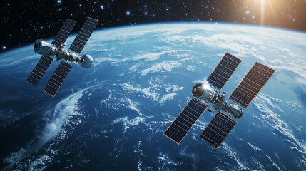 An expansive perspective of satellites orbiting Earth, illustrating the intricate digital network of information that envelops the planet from space. photo