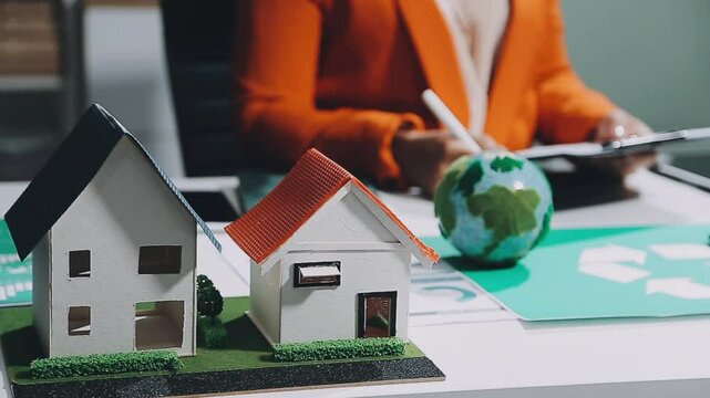 Excellent business people collaborate on eco house project at office with green energy using graph, windmill, home and tree model to decrease carbon footprint, save earth. Focus on hand. Delineation.