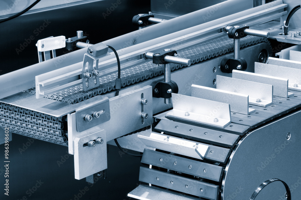 Fototapete a conveyor belt with a white and silver color is moving. the conveyor belt is made of metal and has 