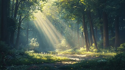 Fototapeta premium Sunbeams Illuminating a Path Through a Lush Forest