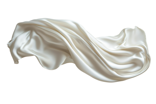 Flowing white silk fabric in motion, with smooth and soft texture. The luxurious fabric drapes elegantly, creating a sense of fluidity and grace. Isolated on transparent background, png.
