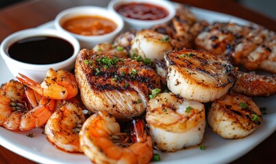 Grilled seafood platter with dipping sauces.