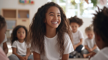 A cheerful daycare teacher engaging multiethnic kids in a fun learning environment, using gaming and acting methods to teach them the alphabet in a colorful kindergarten setting. p