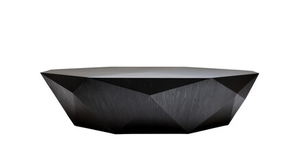 Black geometric low metal table with a faceted design and angular structure. Ideal for adding a unique artistic touch to home decor. Isolated on transparent background, png.