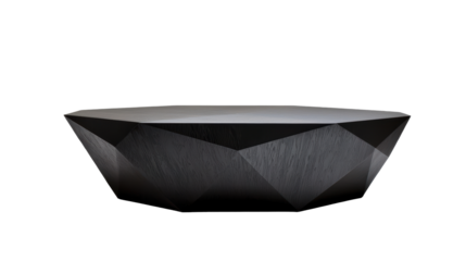 Black geometric low metal table with a faceted design and angular structure. Ideal for adding a unique artistic touch to home decor. Isolated on transparent background, png.