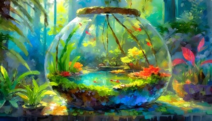 Fototapeta premium Surreal painting of a miniature jungle inside a glass jar, surrounded by lush greenery