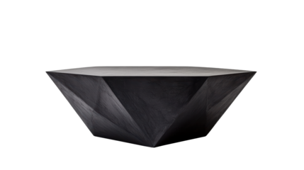 Black angular metal coffee table featuring a modern design with geometric surfaces and sharp lines. Offers a minimalist and contemporary feel to interiors. Isolated on transparent background, png.
