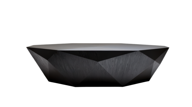 Black geometric low metal table with a faceted design and angular structure. Ideal for adding a unique artistic touch to home decor. Isolated on transparent background, png. - Powered by Adobe