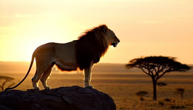 A majestic lion standing on a rocky cliff in a savannah with the wind blowing through its mane.
