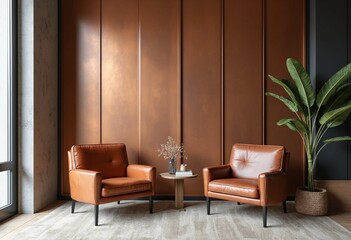 Two leather armchairs in room with wall decorated with copper paneling. Interior design of modern living room