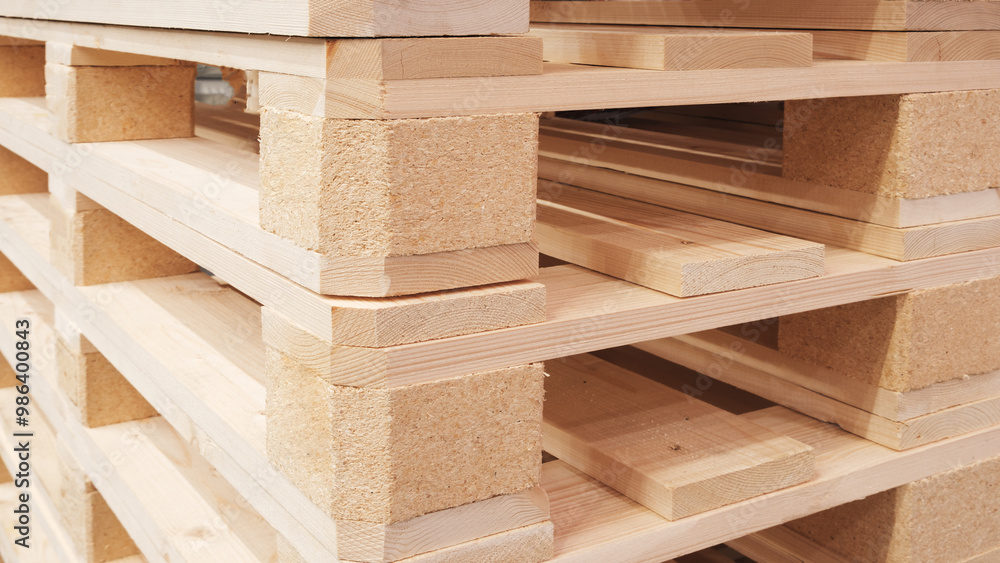Poster a stack of wooden pallets with a brown color. the pallets are stacked on top of each other