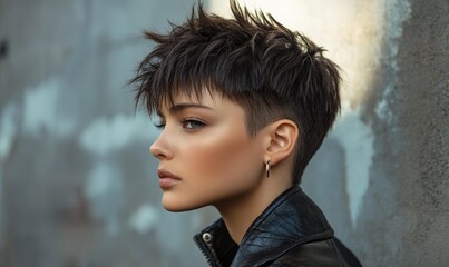 A woman with short hair, wearing a leather jacket.