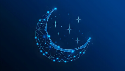 Abstract digital Ramadan moon on night starry sky background. Blue technology crescent consists of connected glowing dots and thin lines. Islamic moon. Holy Aid. Low poly wireframe 