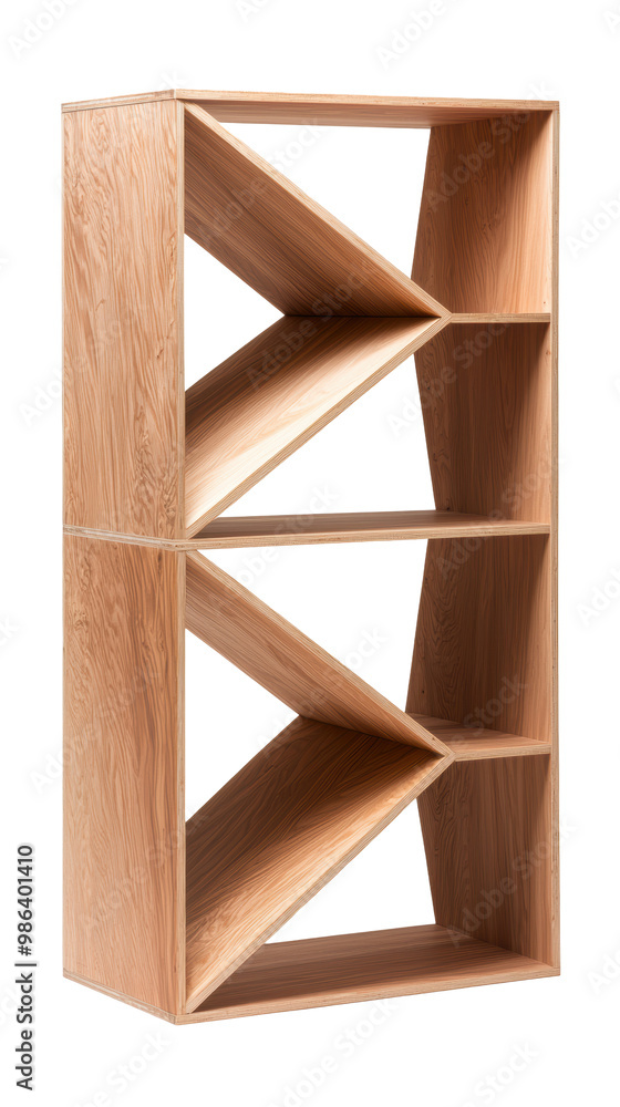 Poster geometric wooden shelf design with angular shapes and natural wood texture, offering a functional an