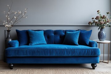 A blue velvet sofa in front of a grey wall, with a small round side table holding a vase with flowers. Interior design